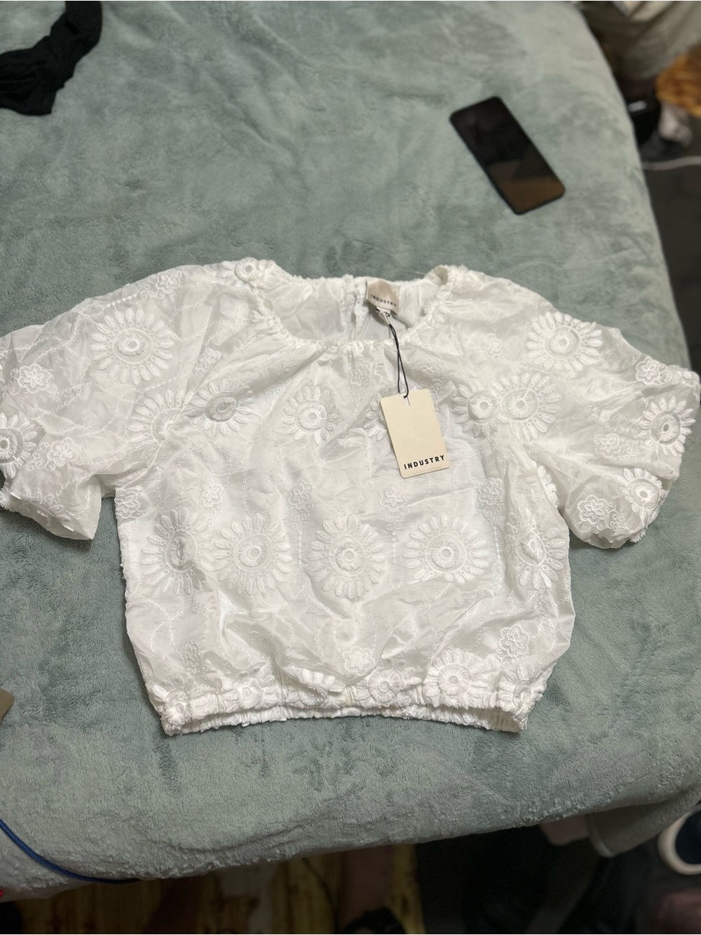 INDUSTRY White Embroidered Puff-Sleeve Crop Top